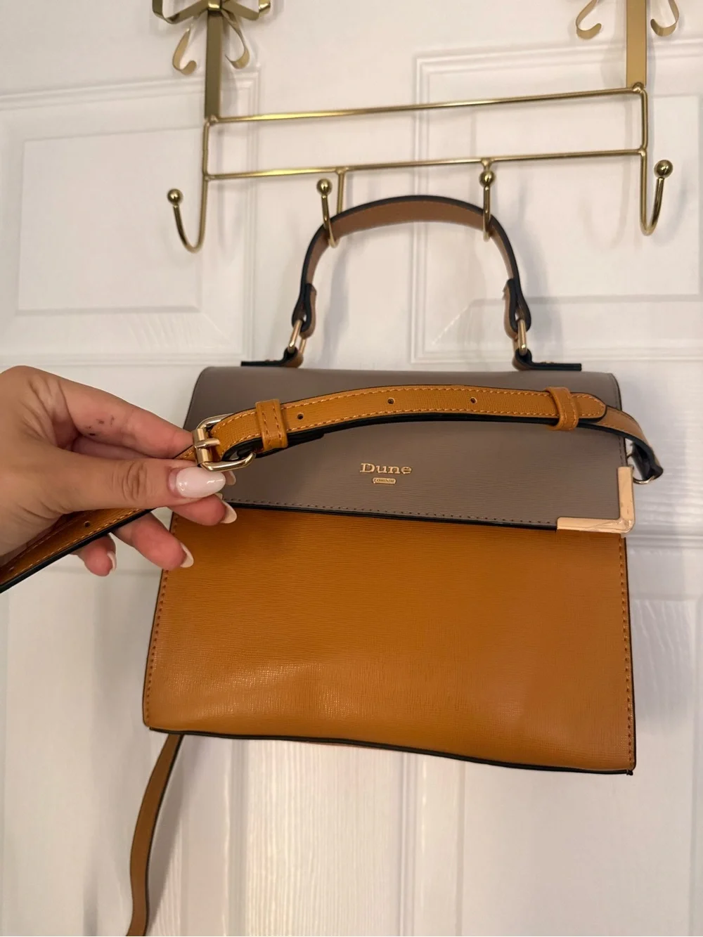 Two-Tone Taupe and Tan Leather Top-Handle Bag